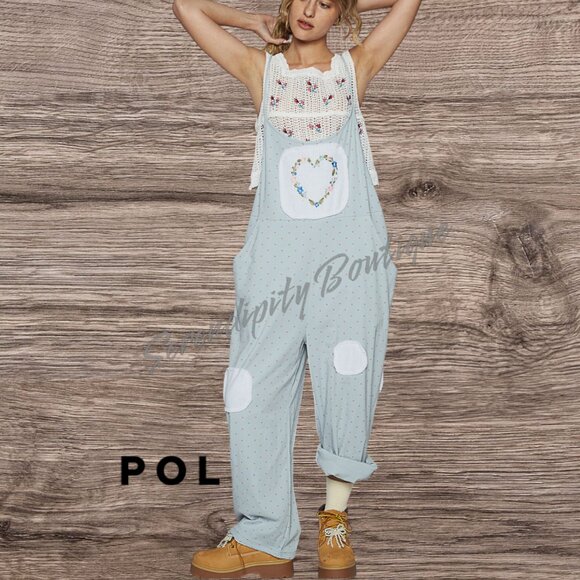 POL Bohemian Farm Girl Slouchy Powder Blue Patchwork Floral Jumper Overalls - Picture 1 of 11